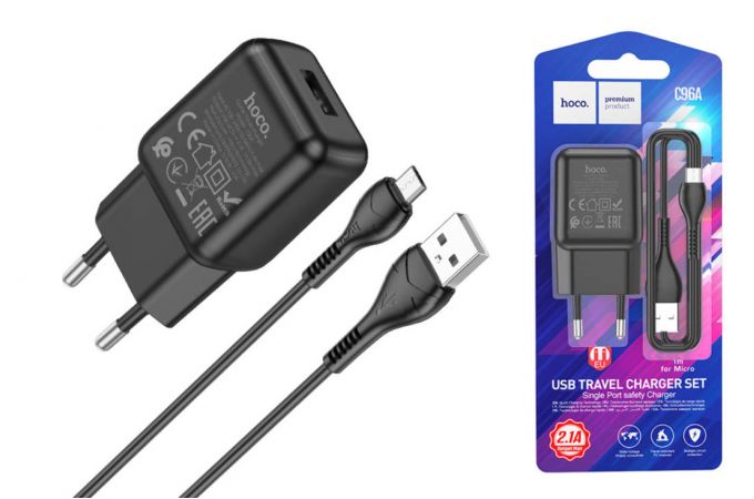 Сетевое зарядное устройство USB + кабель MicroUSB HOCO C96A 2400mAh (черный)