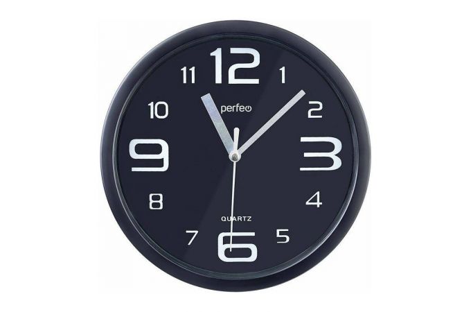Настенные часы Perfeo "PF-WC-003"(С1), круглые д. 30 см, чёрный корпус / чёрный циферблат