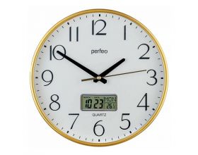 Настенные часы Perfeo "PF-WC-013", круглые д. 30 см, золотой корпус / белый циферблат