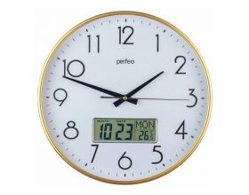 Настенные часы Perfeo "PF-WC-015", круглые д. 35 см, золотой корпус / белый циферблат
