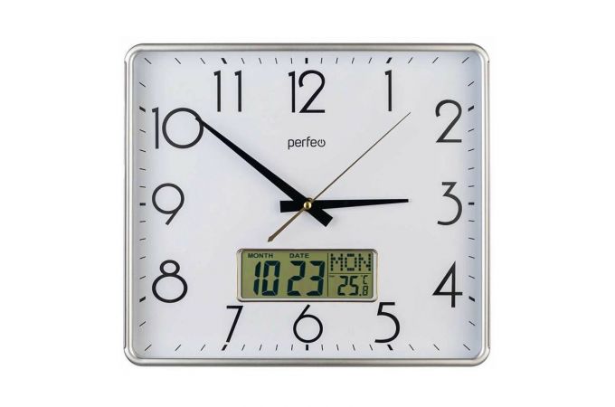 Настенные часы Perfeo "PF-WC-016", прямоугольные 34*30 см, серебряный корпус / белый циферблат
