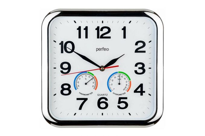 Настенные часы Perfeo "PF-WC-017", прямоугольные 29*28 см, серебряный корпус / белый циферблат