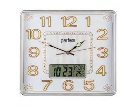 Настенные часы Perfeo "PF-WC-018", прямоугольные 34*30 см, серебряный корпус / белый циферблат