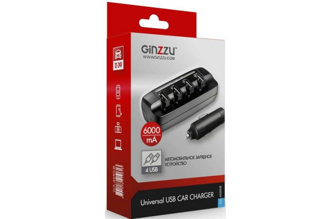 Автомобильное зарядное устройство АЗУ Ginzzu (GA-4430UB) 6.0A, 4 USB + удлинитель 80 см, (черный)