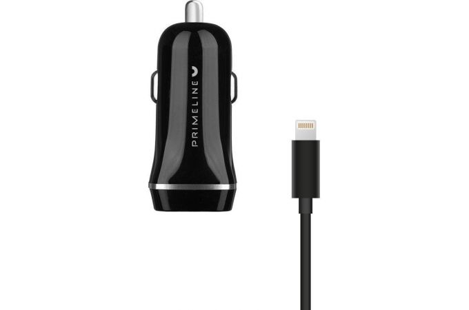 Автомобильное зарядное устройство АЗУ USB + кабель Lightning Prime Line (2227) 2 USB 2.4A, 1.2 м, (черный)