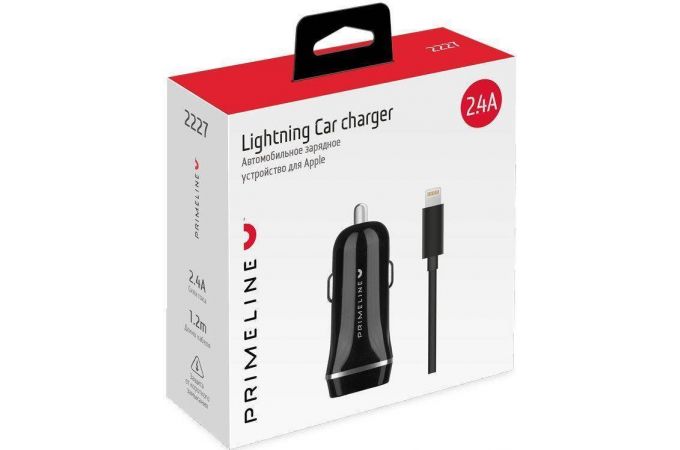 Автомобильное зарядное устройство АЗУ USB + кабель Lightning Prime Line (2227) 2 USB 2.4A, 1.2 м, (черный)