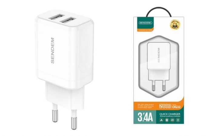 Сетевое зарядное устройство USB SENDEM OG32 5В, 3400mA (белый)