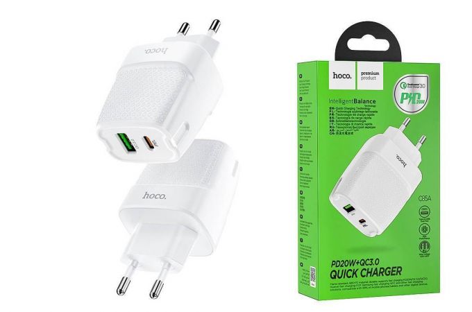 Сетевое зарядное устройство USB + USB-C HOCO C85A Brigt PD20W+ QC3.0 (белый)