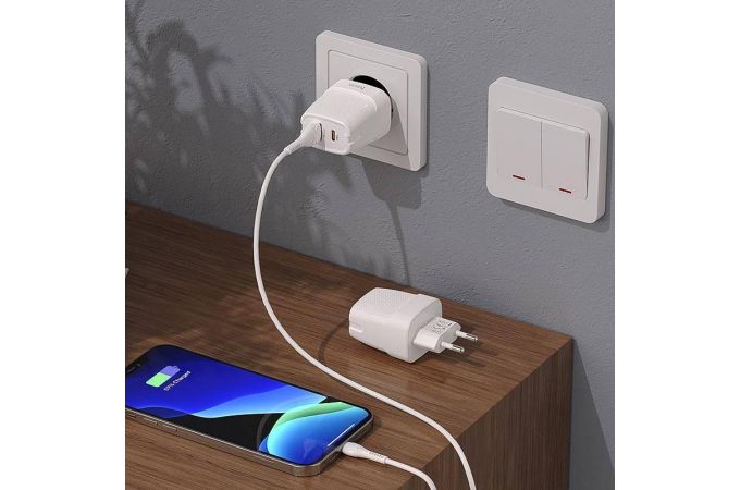 Сетевое зарядное устройство USB + USB-C HOCO C85A Brigt PD20W+ QC3.0 (белый)