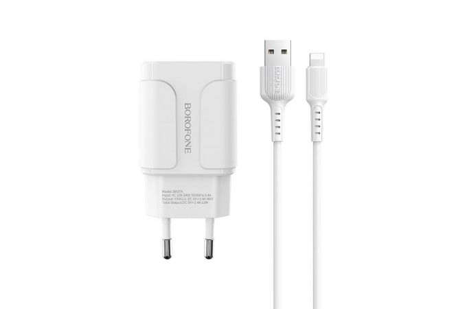 Сетевое зарядное устройство 2USB + кабель MicroUSB BOROFONE BA37A Speedy 2400mAh (белый)