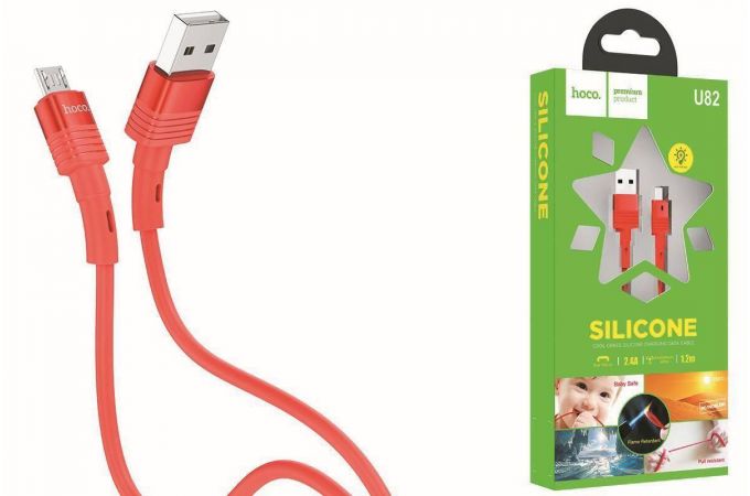 Кабель USB - MicroUSB HOCO U82 2,4A (красный) 1,2м (силиконовый)