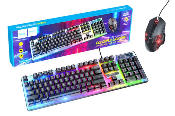 Комплект игровой проводной клавиатура+мышь HOCO GM18 с подсветкой RGB (черный)