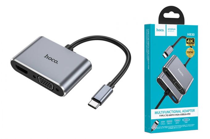 Разветвитель USB-C HUB HOCO HB30 Eco Type-C multi-function converter(HDTV+VGA+USB3.0+PD) (серый металлик)