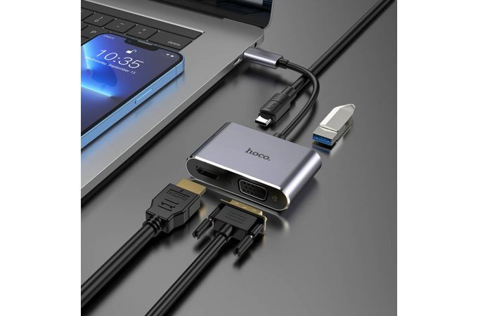 Разветвитель USB-C HUB HOCO HB30 Eco Type-C multi-function converter(HDTV+VGA+USB3.0+PD) (серый металлик)