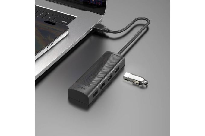 Разветвитель USB-C HUB HOCO HB41 Easy safety 4-in-1 Adapter(USB to USB2.0*4)(L=1.2M) (черный)