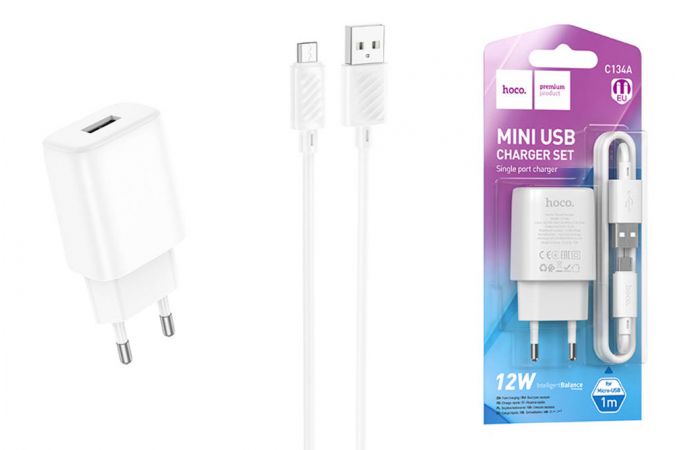 Сетевое зарядное устройство USB + кабель MicroUSB HOCO C134A Solid 2100mAh (белый)