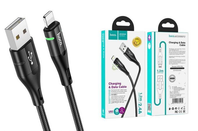Кабель USB - Lightning HOCO U93, 2,4A (черный) 1,2м (в оплетке, LED индикатор)