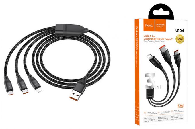 Кабель USB 4 в 1 HOCO U104 3-in-1 Ultra 6A fast charging data cable(for iP+Micro+Type-C) (черный) 1м