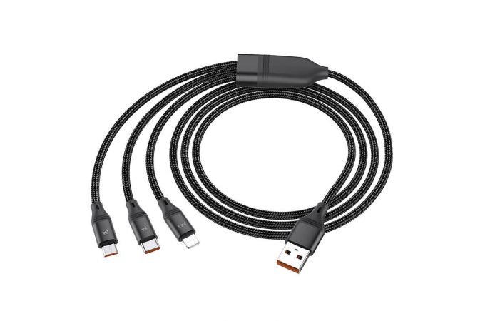 Кабель USB 4 в 1 HOCO U104 3-in-1 Ultra 6A fast charging data cable(for iP+Micro+Type-C) (черный) 1м