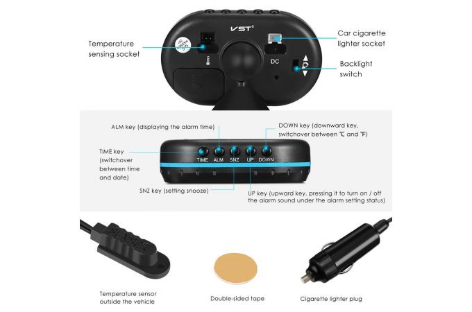 Часы автомобильные электронные VST-7009V (температура, будильник, вольтметр)