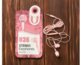 Гарнитура вакуумная (наушники с микрофоном) 3.5мм U36 цвет розовый