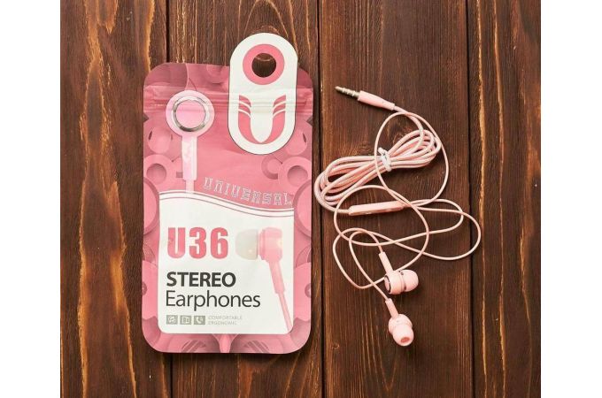 Гарнитура вакуумная (наушники с микрофоном) 3.5мм U36 цвет розовый