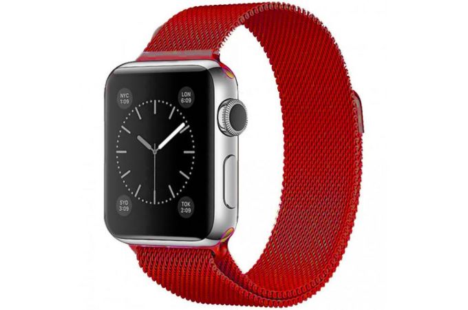 Металлический магнитный браслет  "Миланское плетение" для Apple Watch 42-44 мм цвет красный