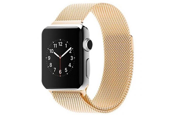 Металлический магнитный браслет  "Миланское плетение" для Apple Watch 42-44 мм цвет светлое золото