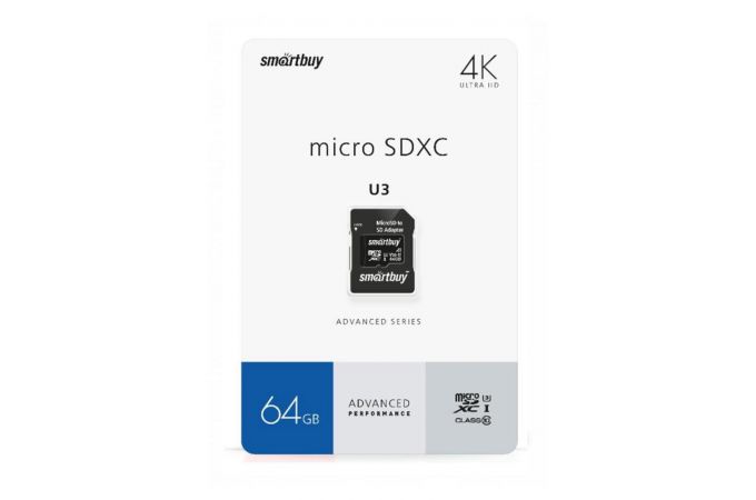 Карта памяти microSDXC Smartbuy 64 GB PRO U3 V30 A1 R/W:90/55 MB/s (с адаптером SD) (SB64GBSDU1A-AD)