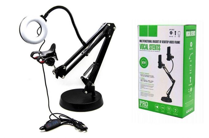 Подставка для телефона с лампой селфи и прищепкой держателем (мятая упаковка)