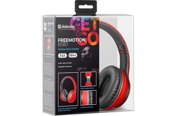 Наушники мониторные беспроводные Defender FreeMotion B580 Bluetooth (красный)