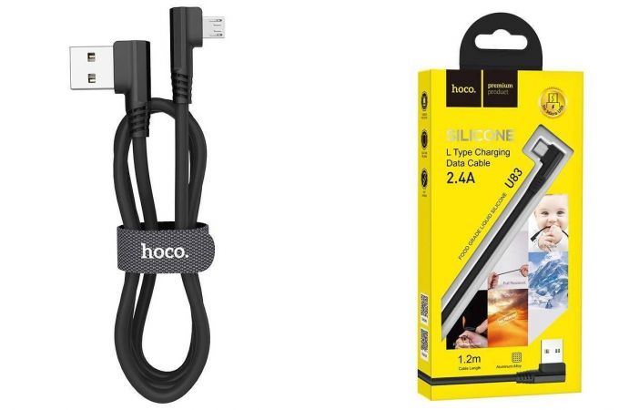 Кабель USB - MicroUSB HOCO U83 2,4A (черный) 1,2м (L-type)