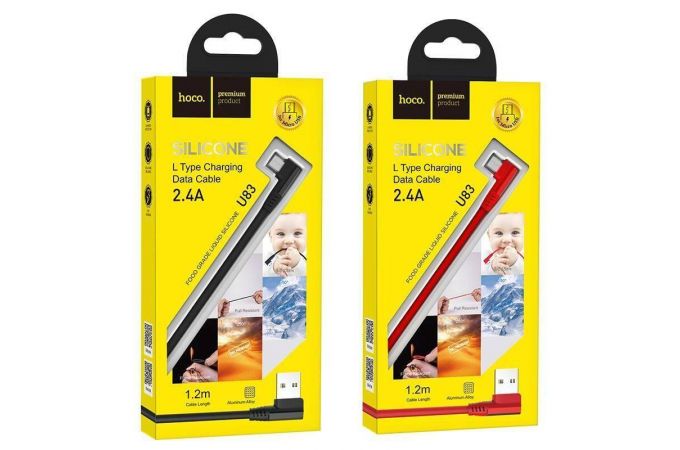 Кабель USB - MicroUSB HOCO U83 2,4A (черный) 1,2м (L-type)