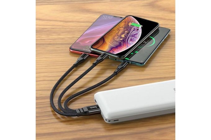 Кабель USB 3 в 1 HOCO X47 переходник Lightning/Type-C/Micro (черный) 0,3м