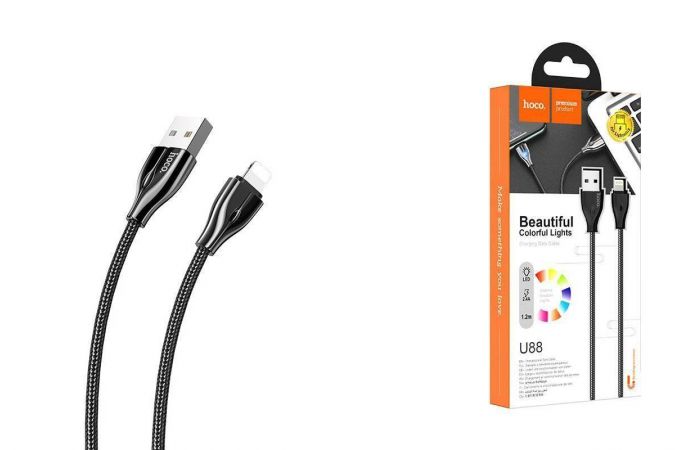Кабель USB - Lightning HOCO U88, 2,4A (черный) 1,2м (в оплетке, LED индикатор)