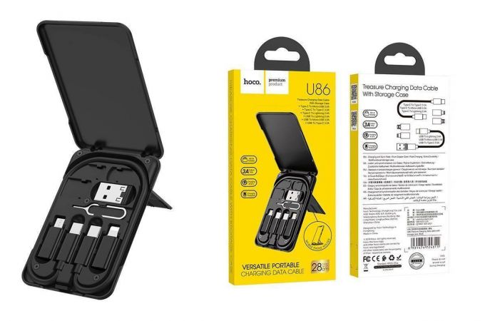Кабель USB 3 в 1 HOCO U86 набор в кейсе со скрепкойType-C/Lightning/Micro (черный) 0,3м