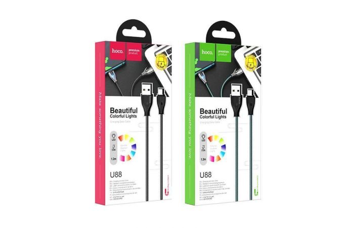 Кабель USB - USB Type-C HOCO U88 3A (черный) 1,2м (в оплетке, LED индикатор)