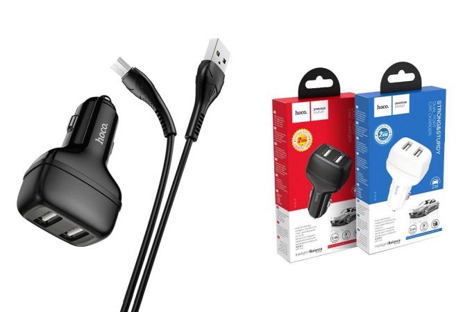 Автомобильное зарядное устройство АЗУ 2USB + кабель MicroUSB HOCO Z36 Leader 2400mAh (белый)