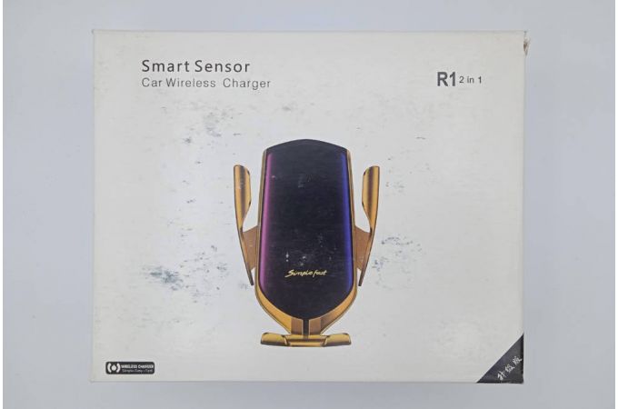 Держатель автомобильный для телефона R1 2in1 SmartSensor + беспроводная зарядка (дефлектор и стекло, золотой) (УЦЕНКА! МЯТАЯ УПАКОВКА)