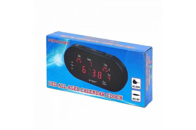 Часы настольные VST 801WX-1 (дата, температура) + БЛОК (красный)