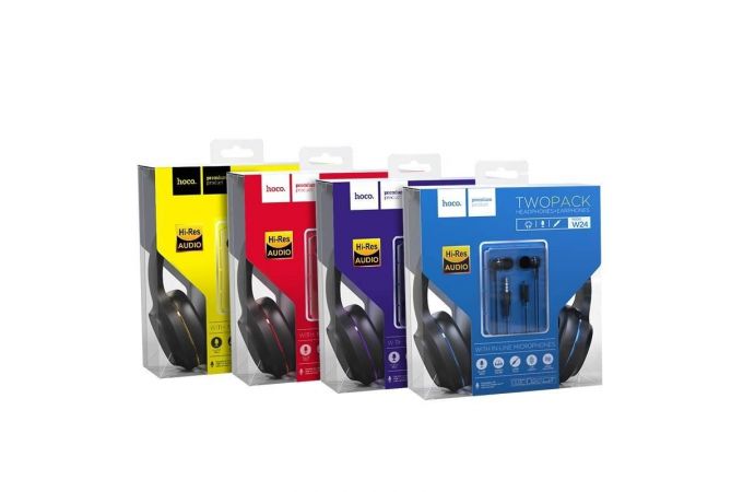 Наушники мониторные проводные HOCO W24 Enlighten headphones with mic set (черно-голубой)