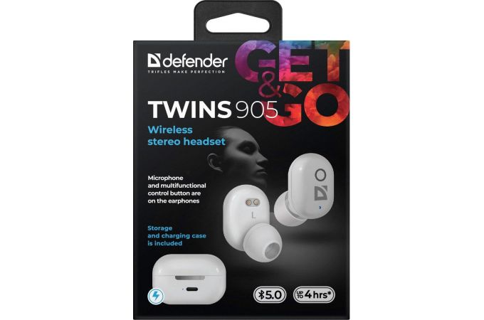 Наушники вакуумные беспроводные Defender Twins 905 Bluetooth (белый)