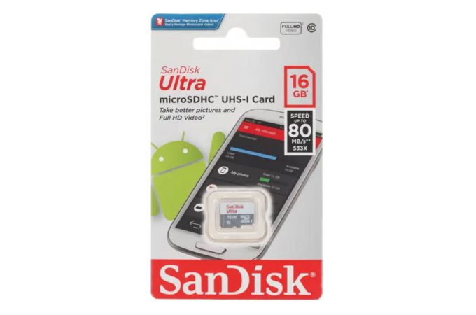 Карта памяти microSDHC SanDisk 16GB (UHS-I, Class 10, Ultra 80Mb/s) SDSQUNS-016G-GN3MN