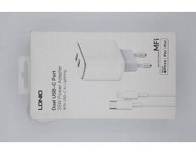 Сетевое зарядное устройство 2USB + Type-C LDNIO A2528M/ MFI + Кабель Lightning MFI PD-L/ Выход 35W/ (белый) (У) (УЦЕНКА! МЯТАЯ УПАКОВКА)