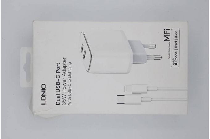 Сетевое зарядное устройство 2USB + Type-C LDNIO A2528M/ MFI + Кабель Lightning MFI PD-L/ Выход 35W/ (белый) (У) (УЦЕНКА! МЯТАЯ УПАКОВКА)