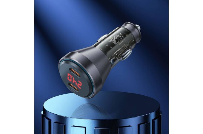 Автомобильное зарядное устройство АЗУ 2USB-С + кабель Type-C HOCO NZ12C  60W (черный прозрачный)
