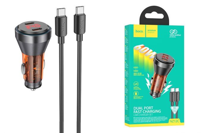 Автомобильное зарядное устройство АЗУ 2USB-С + кабель Type-C HOCO NZ12C  60W (оранжевый прозрачный)