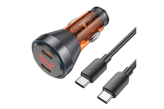Автомобильное зарядное устройство АЗУ 2USB-С + кабель Type-C HOCO NZ12C  60W (оранжевый прозрачный)