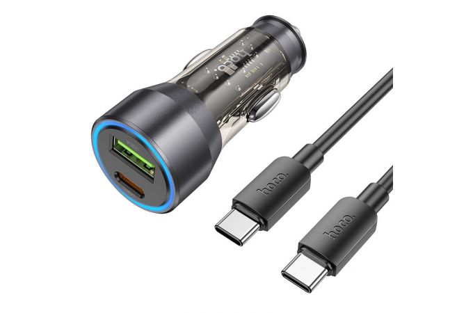 Автомобильное зарядное устройство АЗУ USB + USB-С + кабель Type-C HOCO NZ12A PD43W (черный прозрачный)