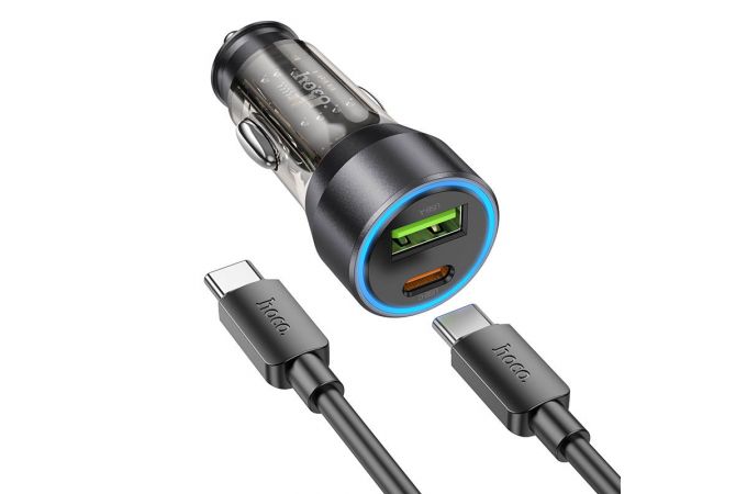 Автомобильное зарядное устройство АЗУ USB + USB-С + кабель Type-C HOCO NZ12A PD43W (черный прозрачный)